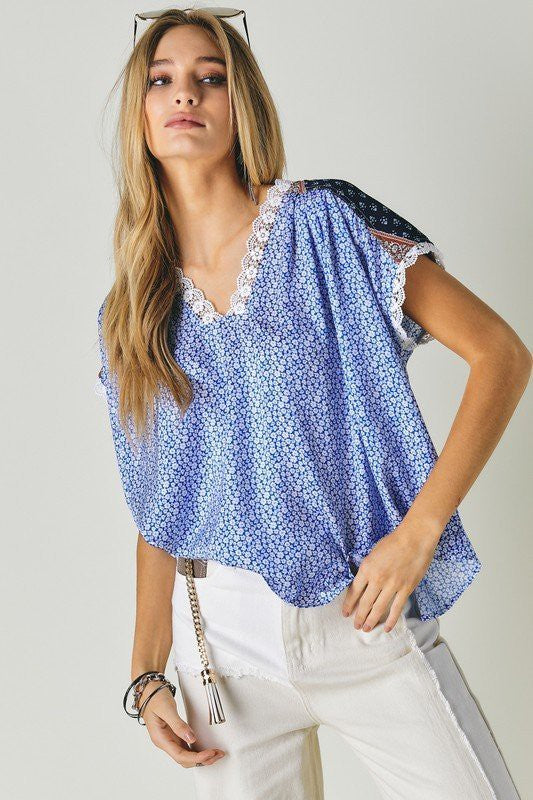 Blue Printed Lace V-Neck Top