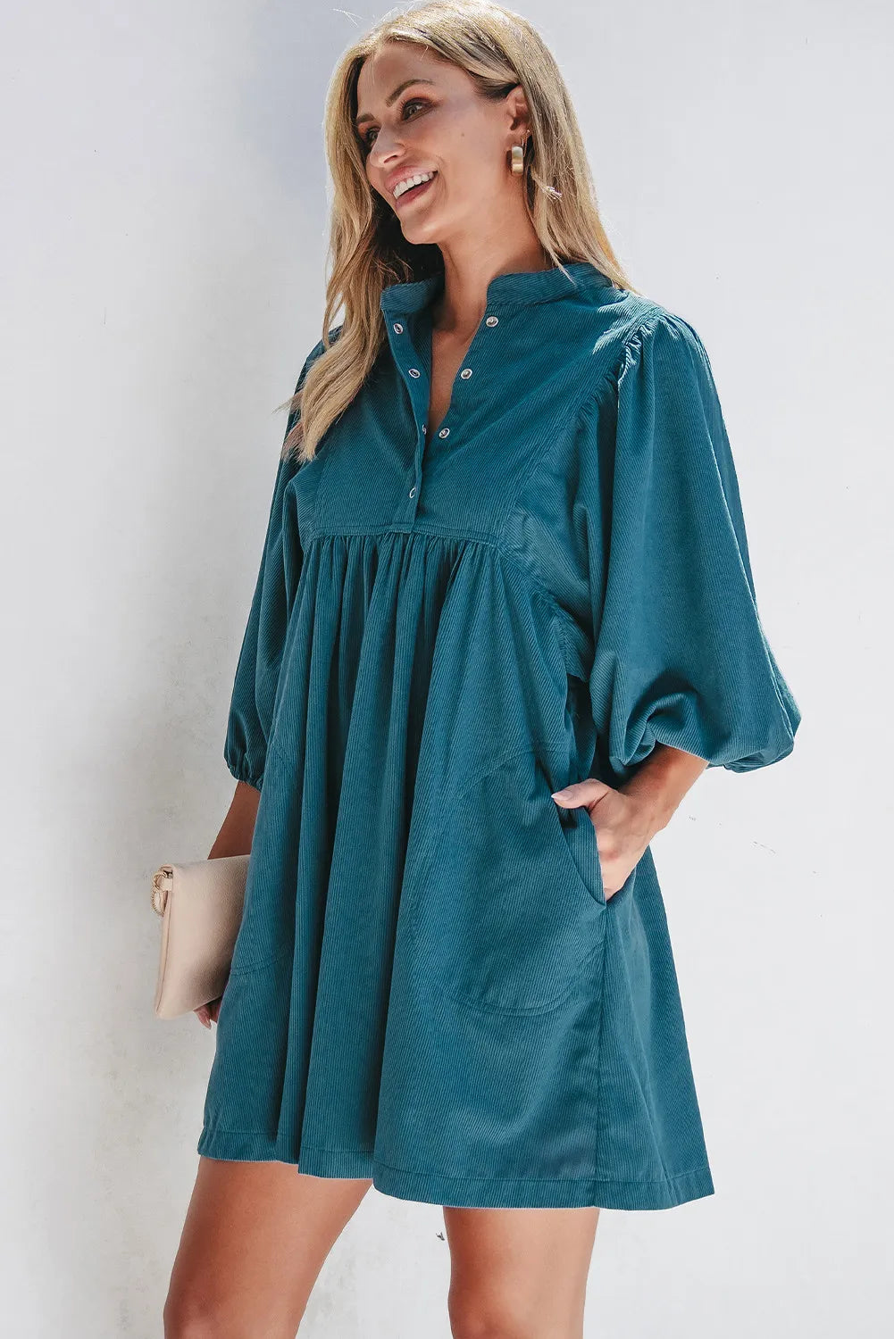 Quarter Snap Three-Quarter Sleeve Dress with Pockets