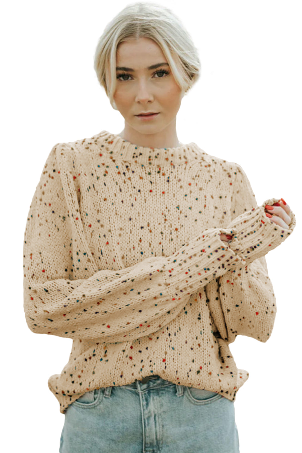 Flaxen Dot Print Long Sleeve Knitted Sweater