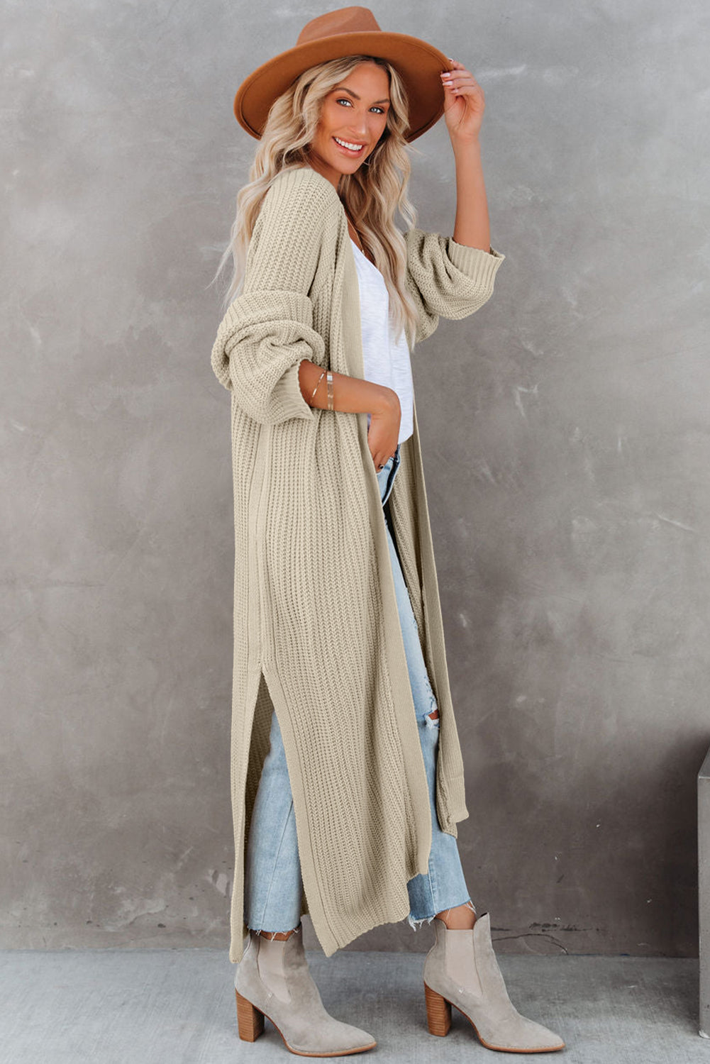 Beige Cable Knit Side Slits Open Front Duster