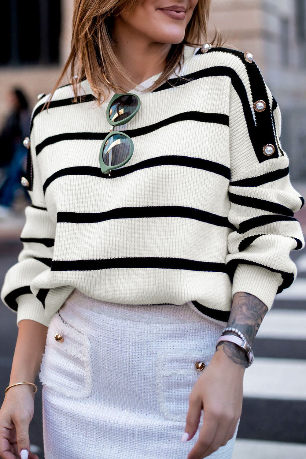 Black & White Stripe Print Button Long Sleeve Knitted Top