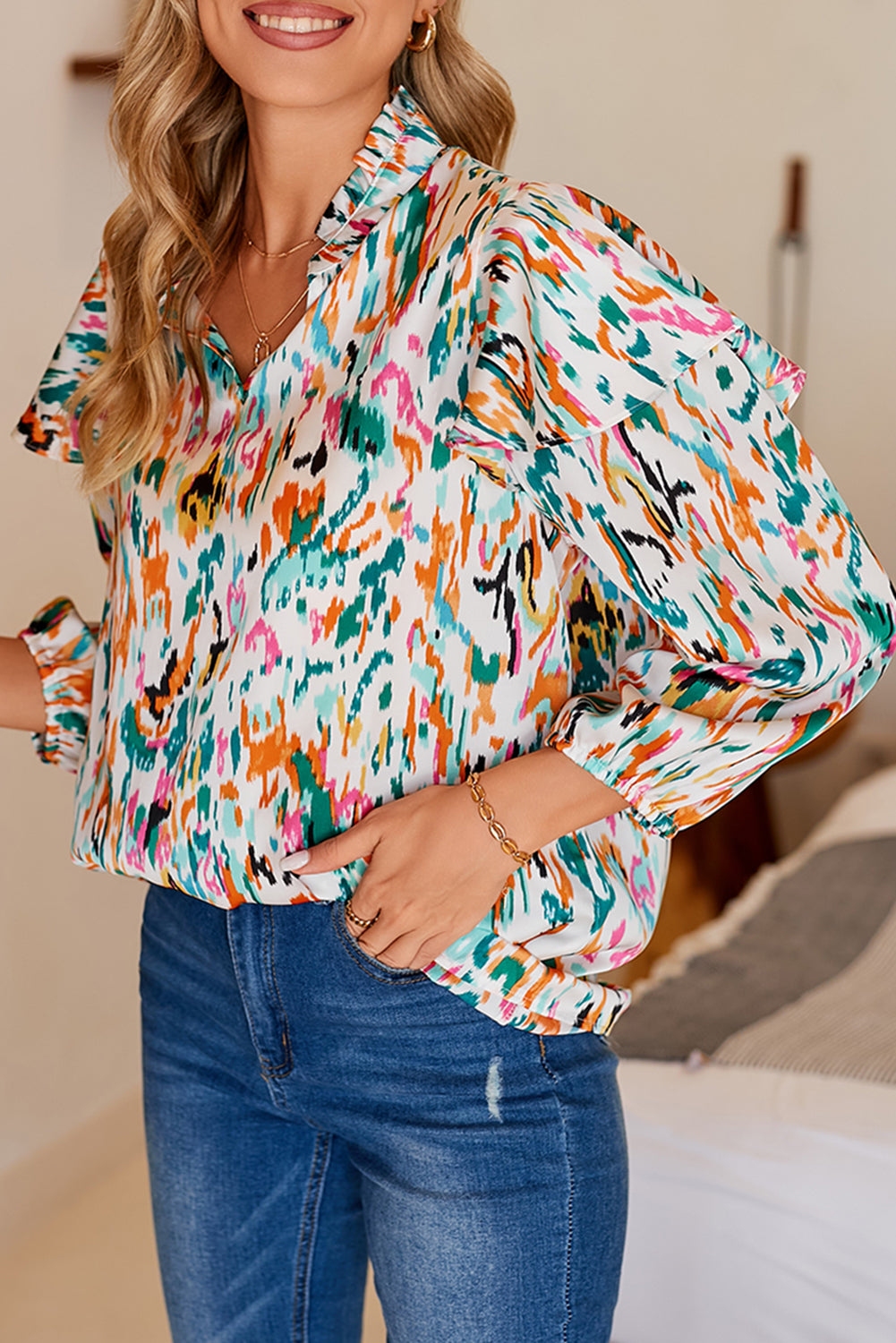 Multicolor Abstract Print 3/4 Puff Sleeve Ruffle Blouse