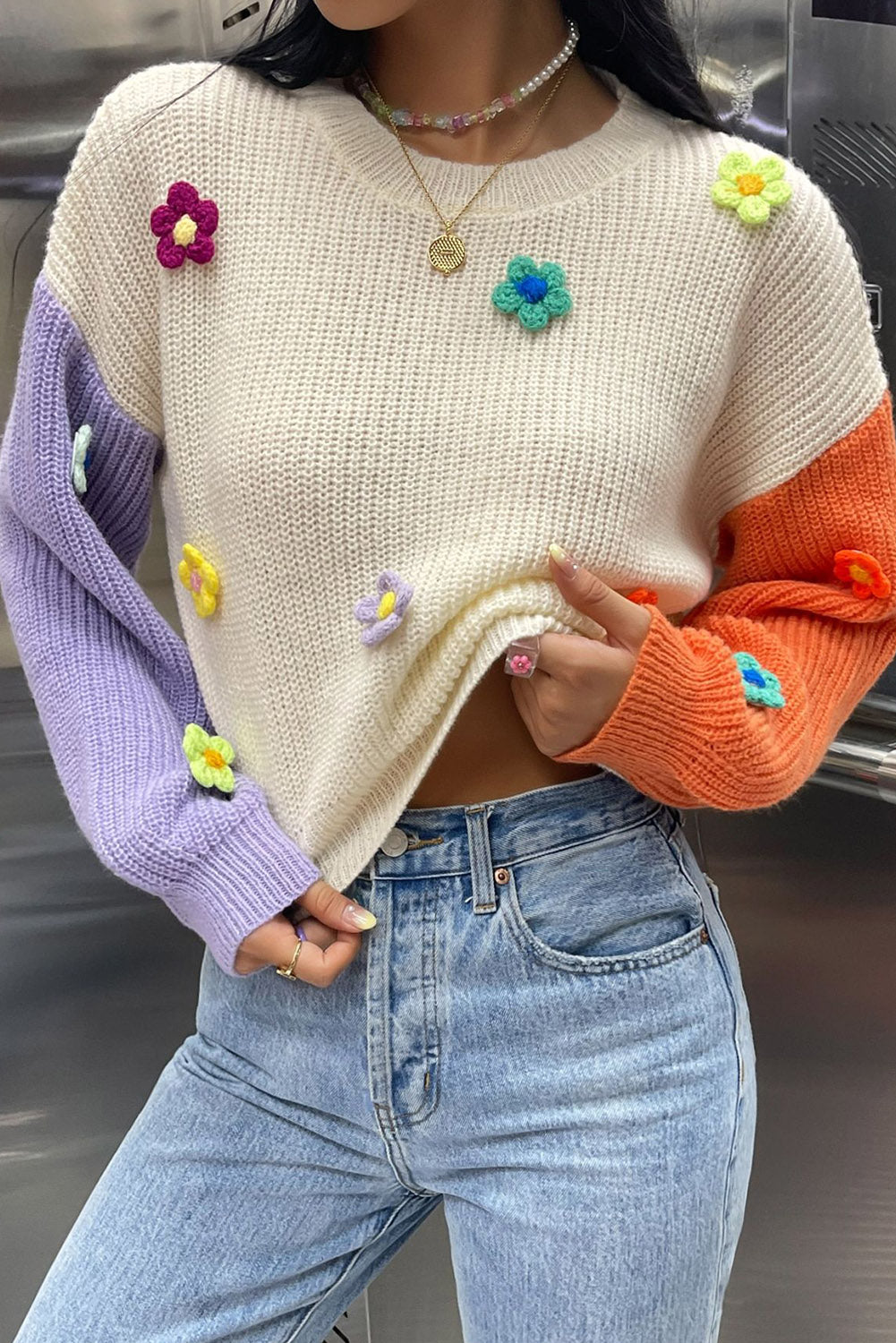 Multicolor Patchwork Floral Applique Knitted Sweater