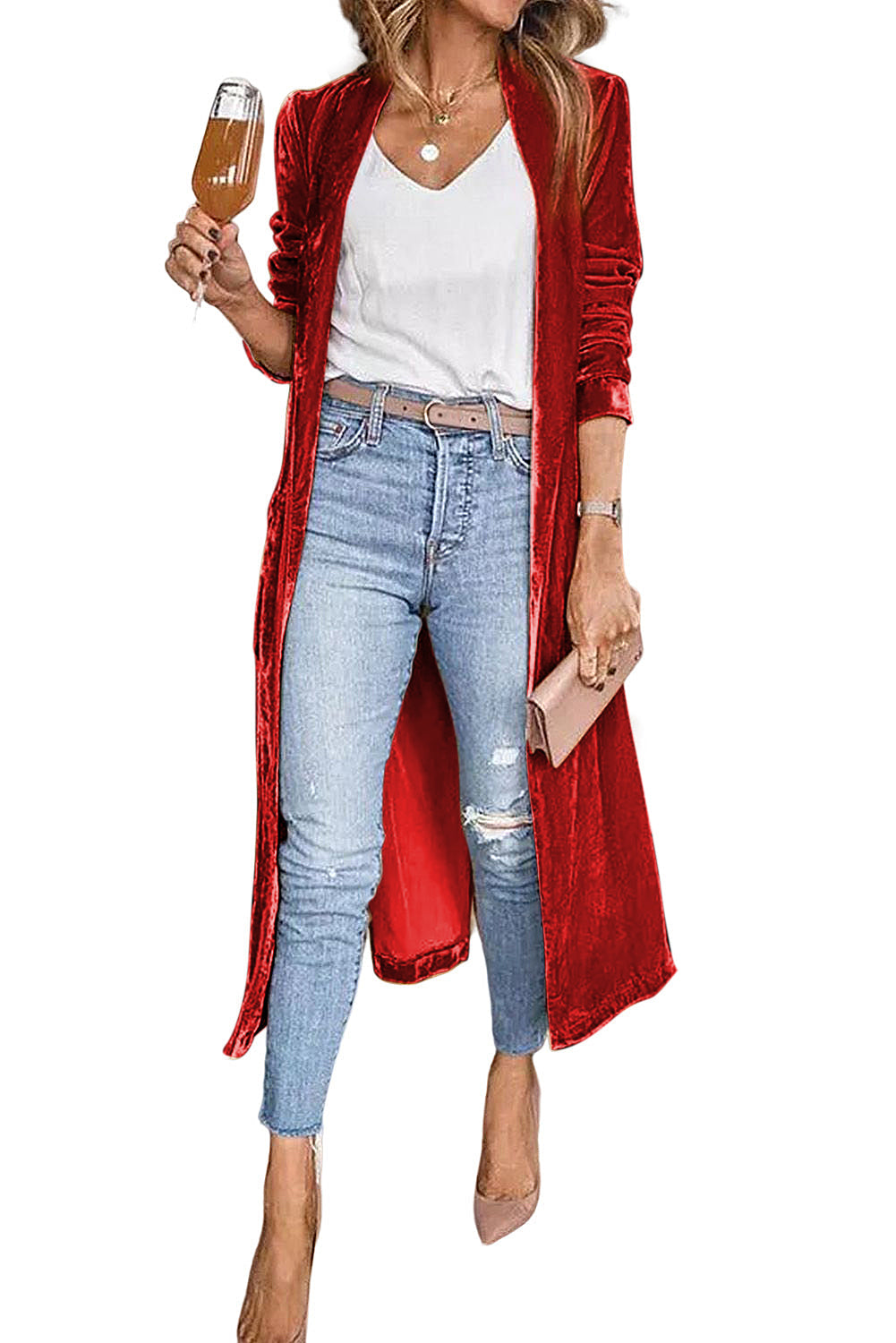 Red Velvet Elegant Pocket Open Front Long Duster