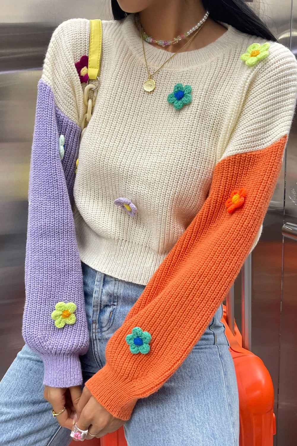 Multicolor Patchwork Floral Applique Knitted Sweater