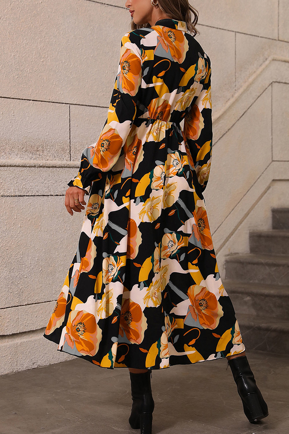 Orange Floral Print Tie Neck Long Sleeve Maxi Dress