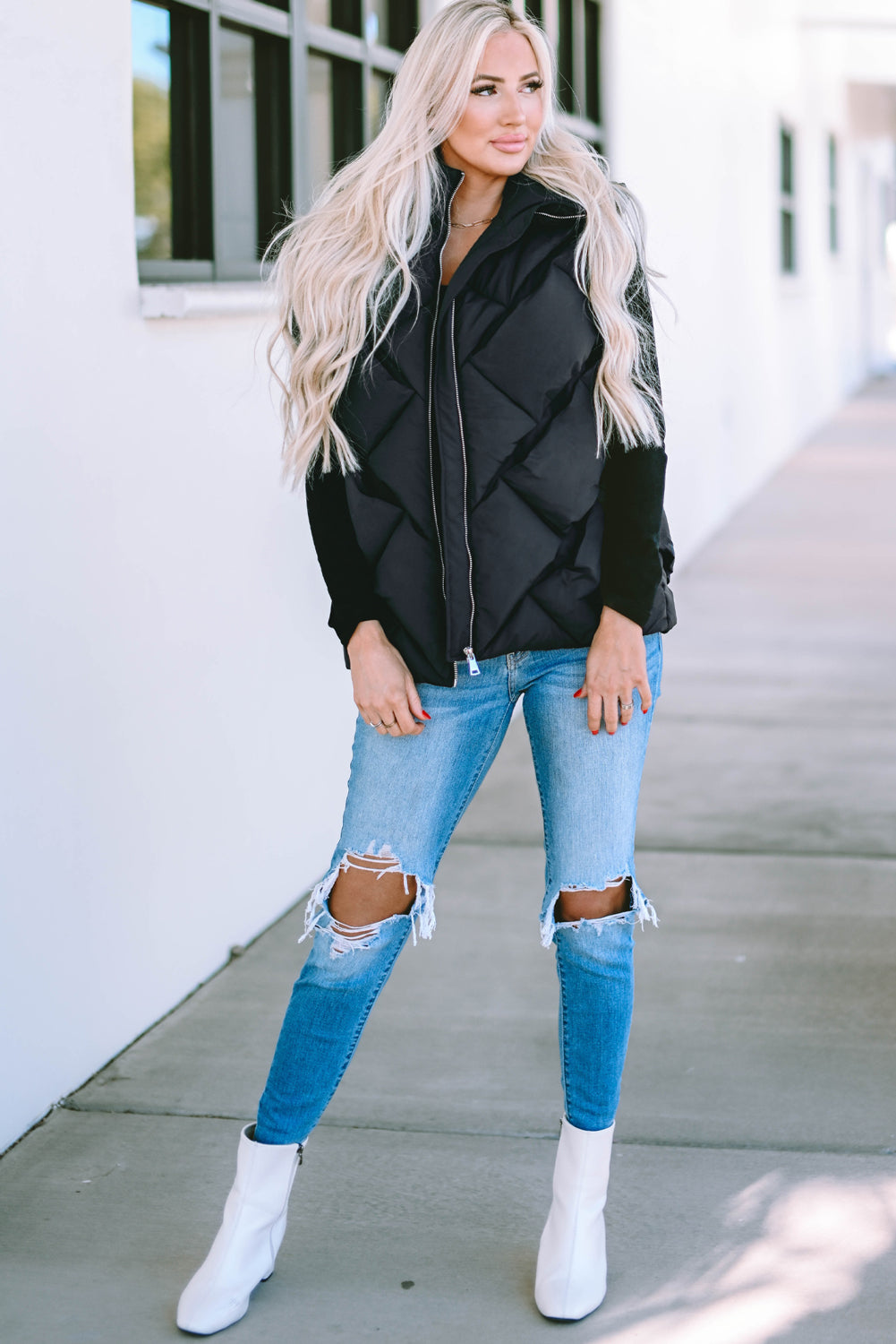 Black Quilted Zipper Front Hooded Vest