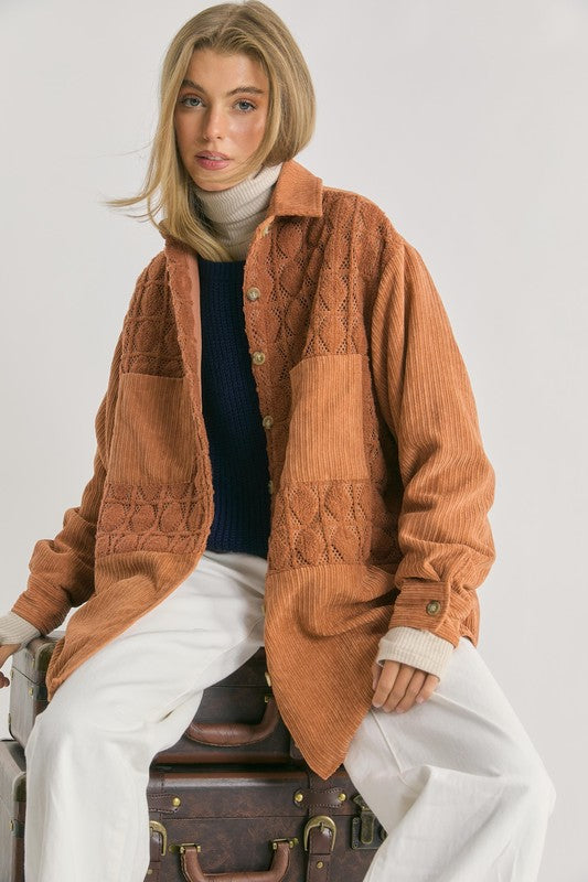 Velvet Lace Details Corduroy Shacket