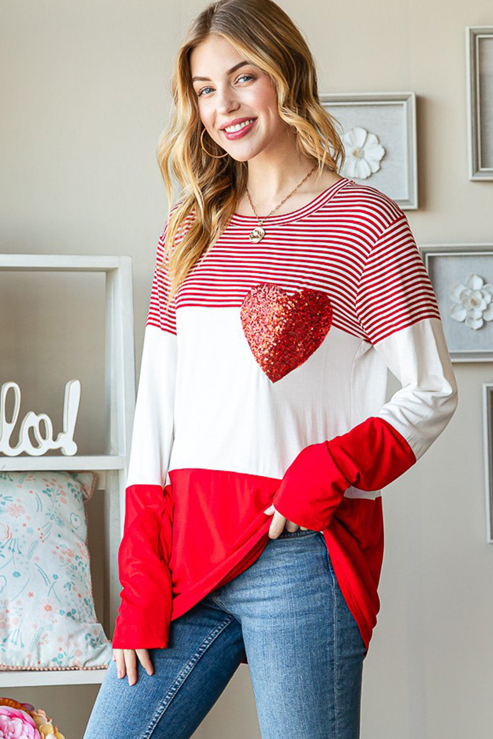 Red Striped Valentines Day Sequin Heart Long Sleeve Top