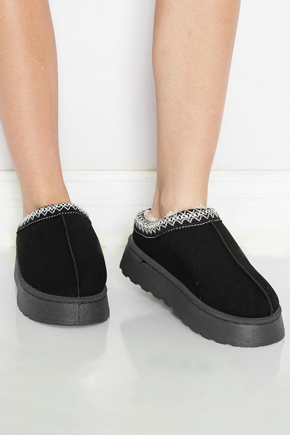 Black Suede Contrast Print Plush Lined Slippers