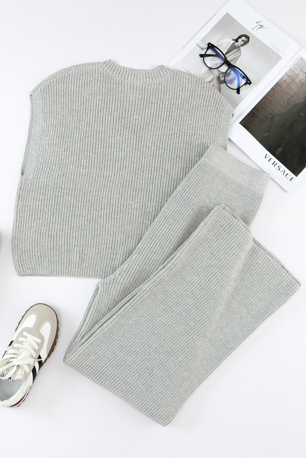 Gray Knitted V Neck and Casual Pants Set