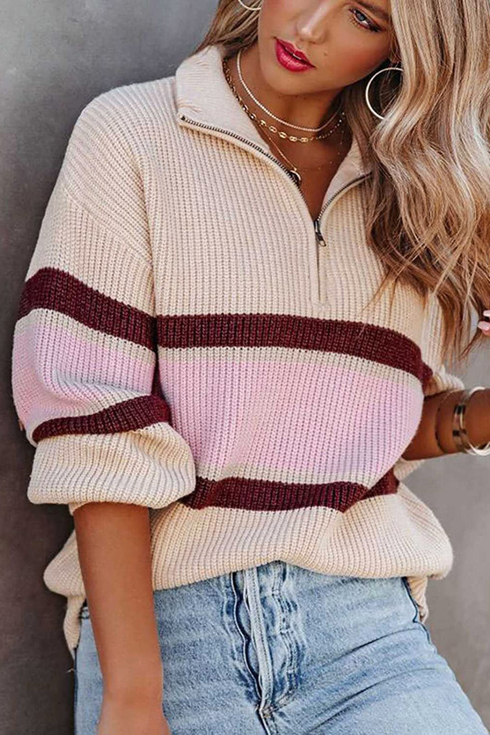 Apricot Stripes Print Quarter Zip Collared Knit Sweater