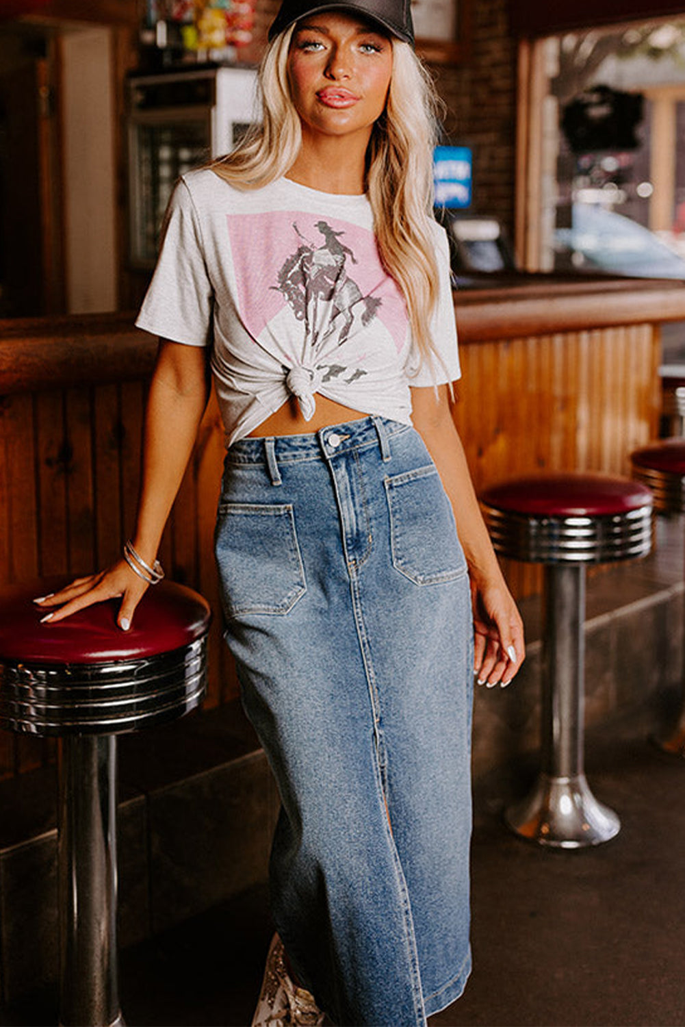 Sky Blue 4 Patch Pockets Front Slit Denim Skirt