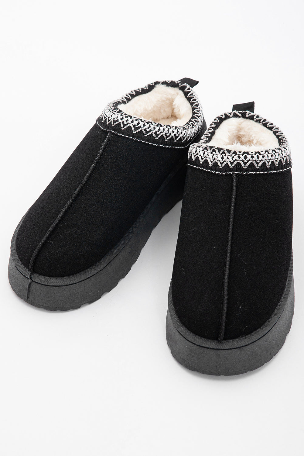 Black Suede Contrast Print Plush Lined Slippers