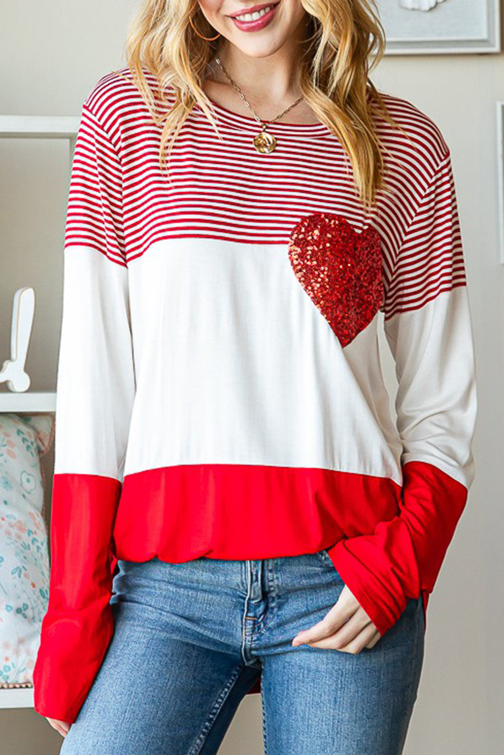 Red Striped Valentines Day Sequin Heart Long Sleeve Top