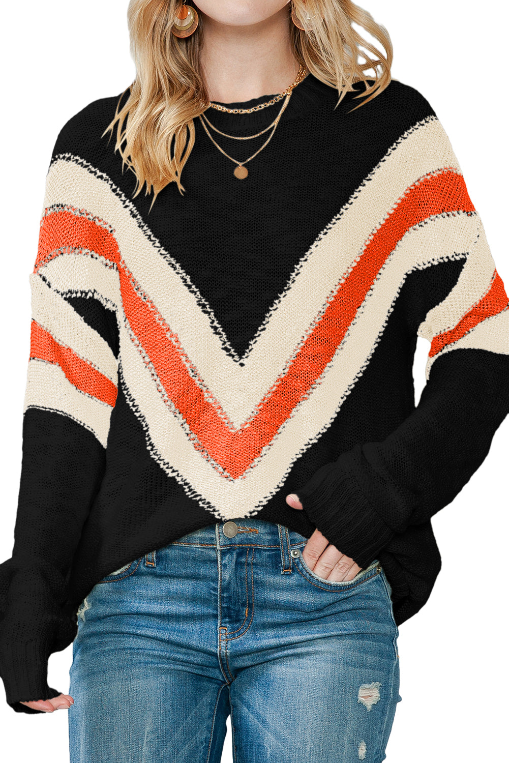 Black Chevron Casual Drop Shoulder Knit Sweater