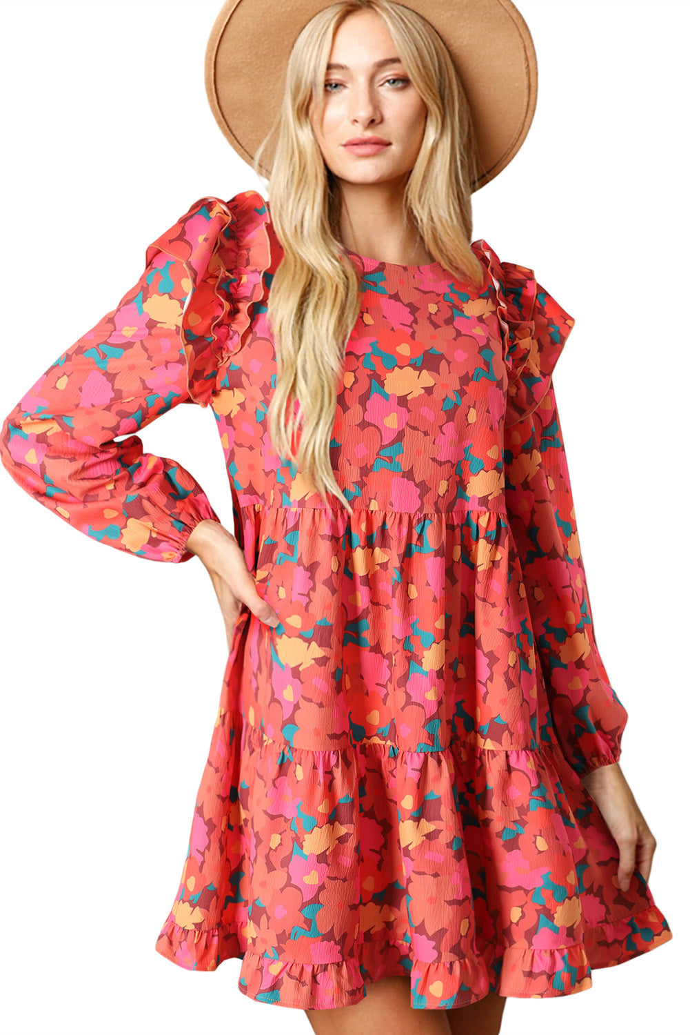 Rose Red Boho Floral Print Ruffle Tiered Mini Dress