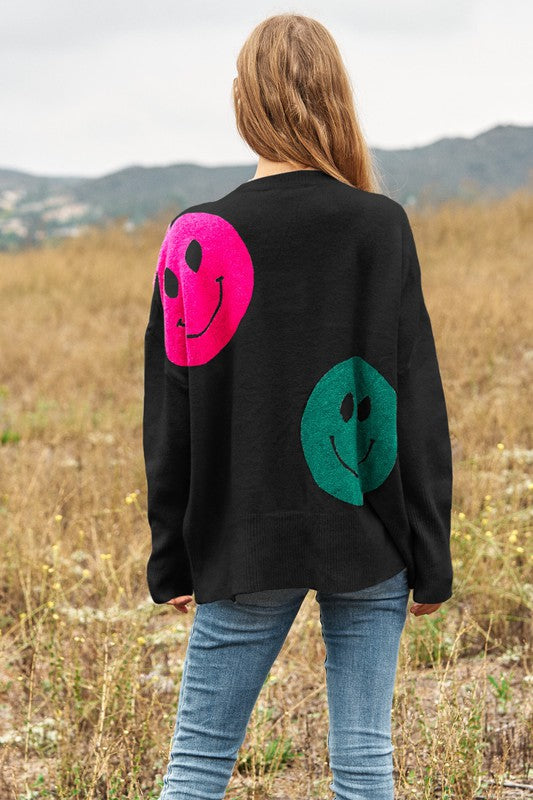 Smile Printed Long Sleeve Loose Fir Knit Sweater