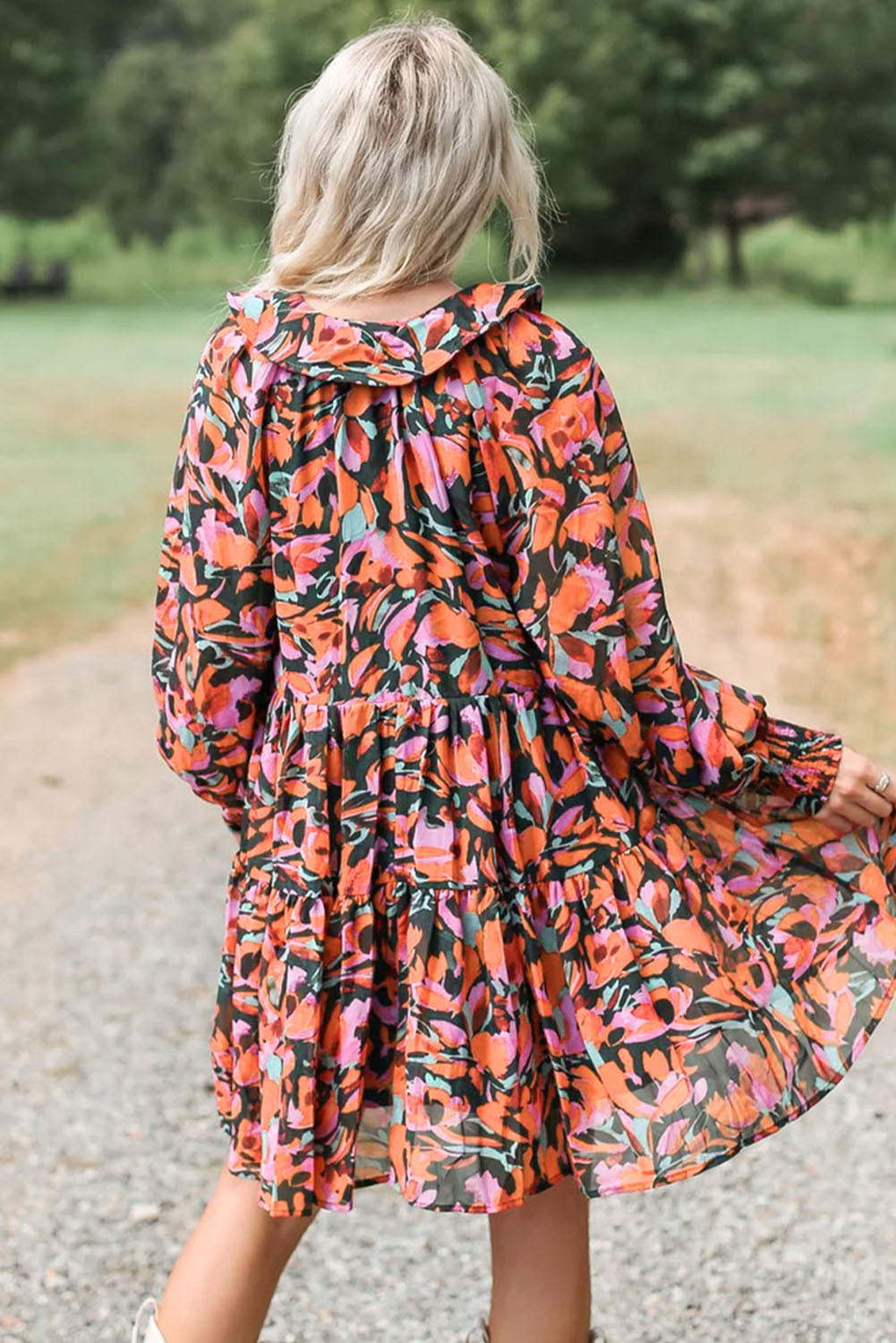 Red Boho Floral Print Shirred Cuffs Mini Tiered Dress