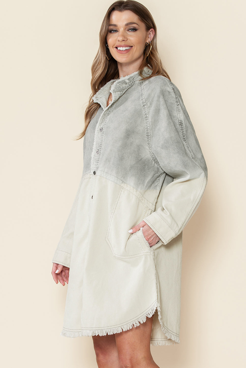 Gray Gradient Button Up Pockets Raw Trim Dress