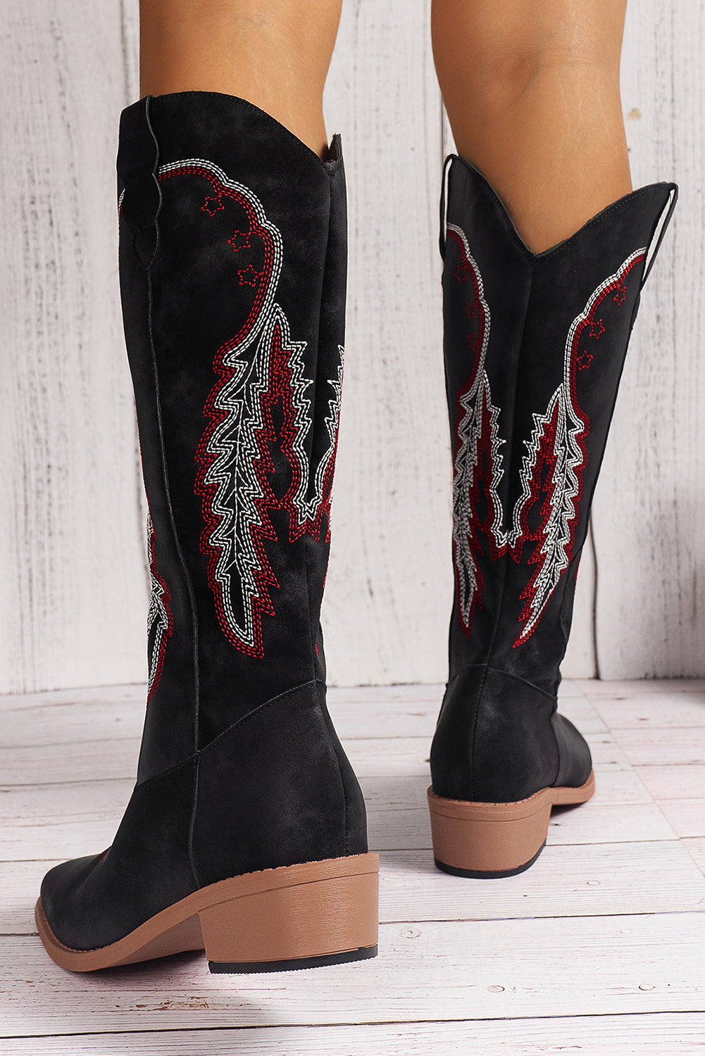 Black Geometric Embroidery Slip On Cowgirl Boots