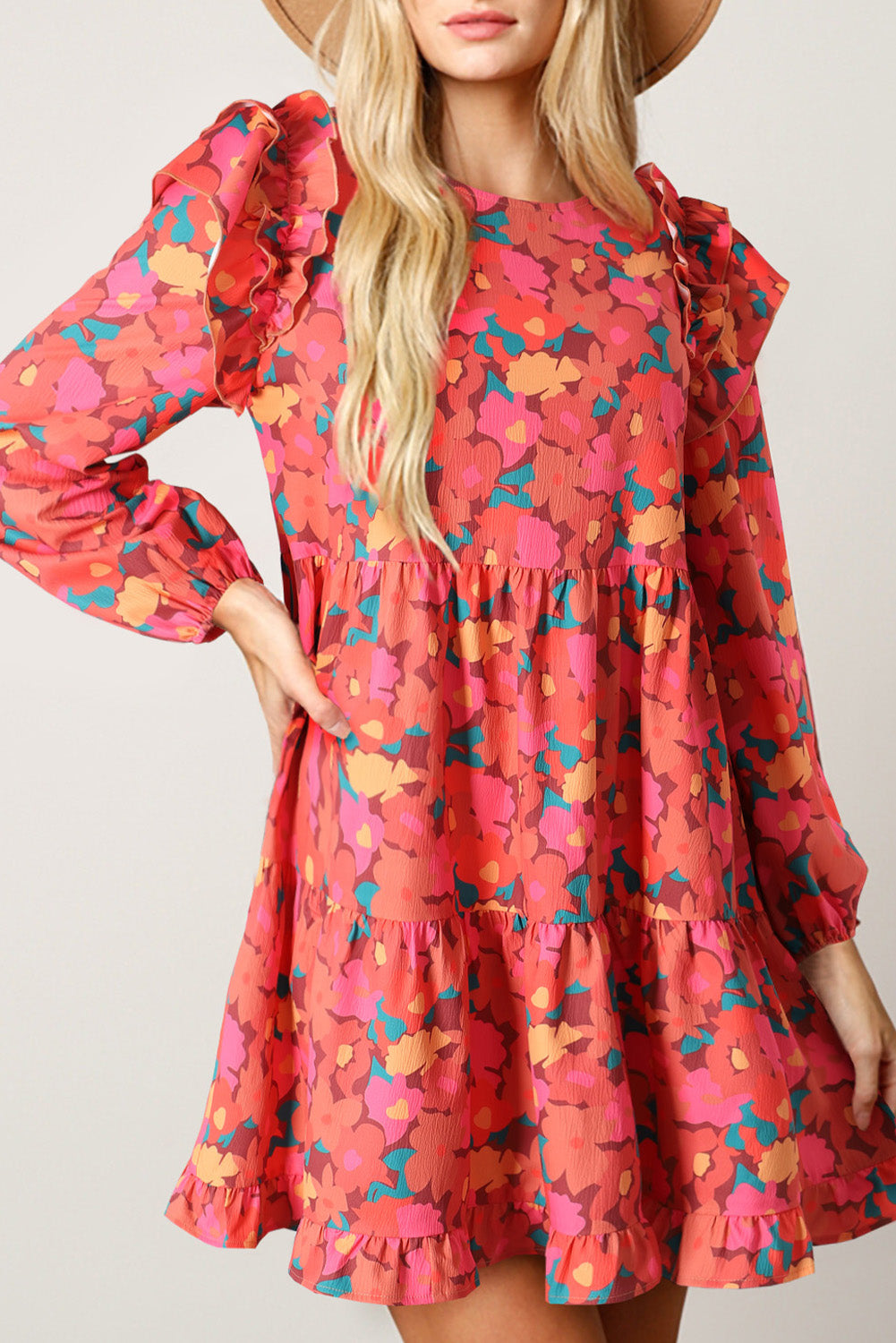 Rose Red Boho Floral Print Ruffle Tiered Mini Dress