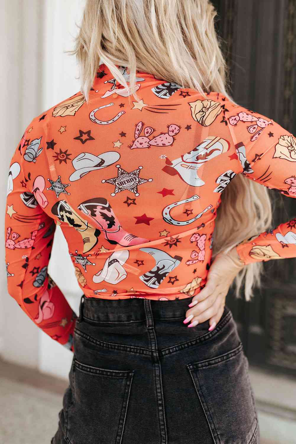 Orange Rodeo Printed Mock Neck Long Sleeve Bodysuit