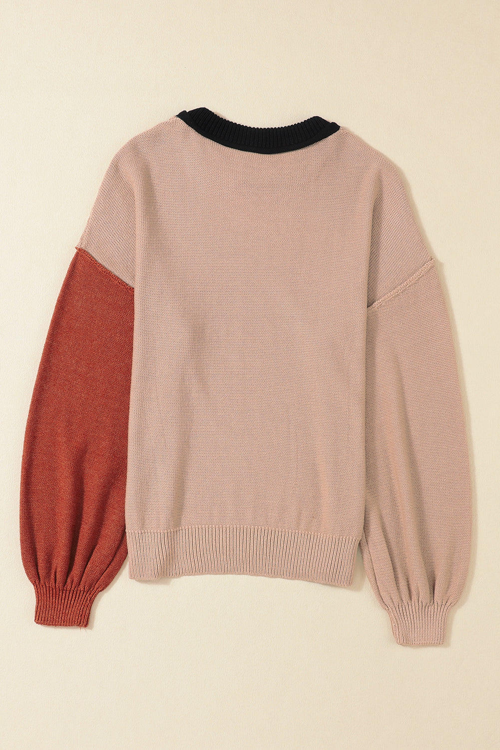 Gray Colorblock Bishop Sleeve Exposed Seam Ribbed Sweater