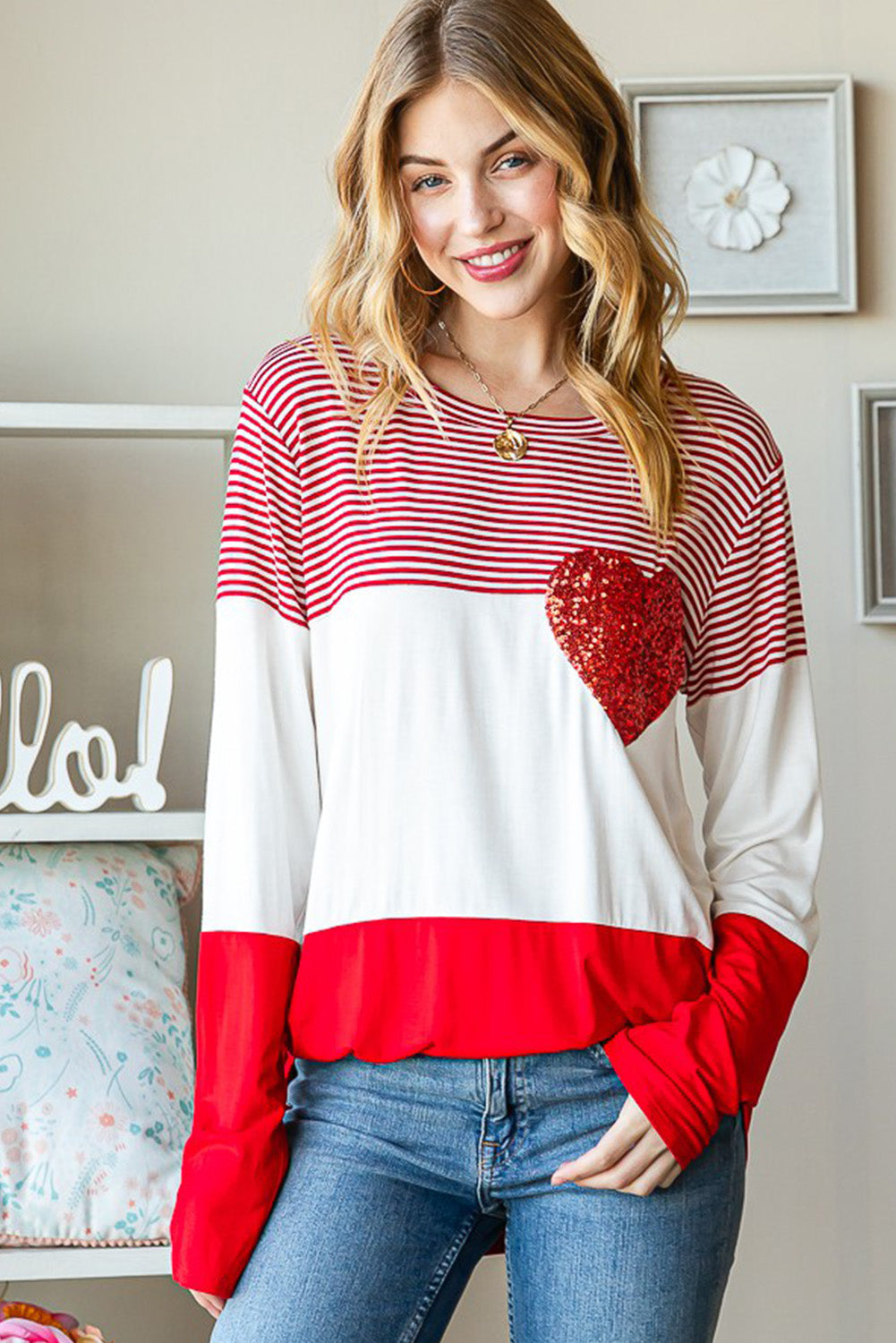 Red Striped Valentines Day Sequin Heart Long Sleeve Top