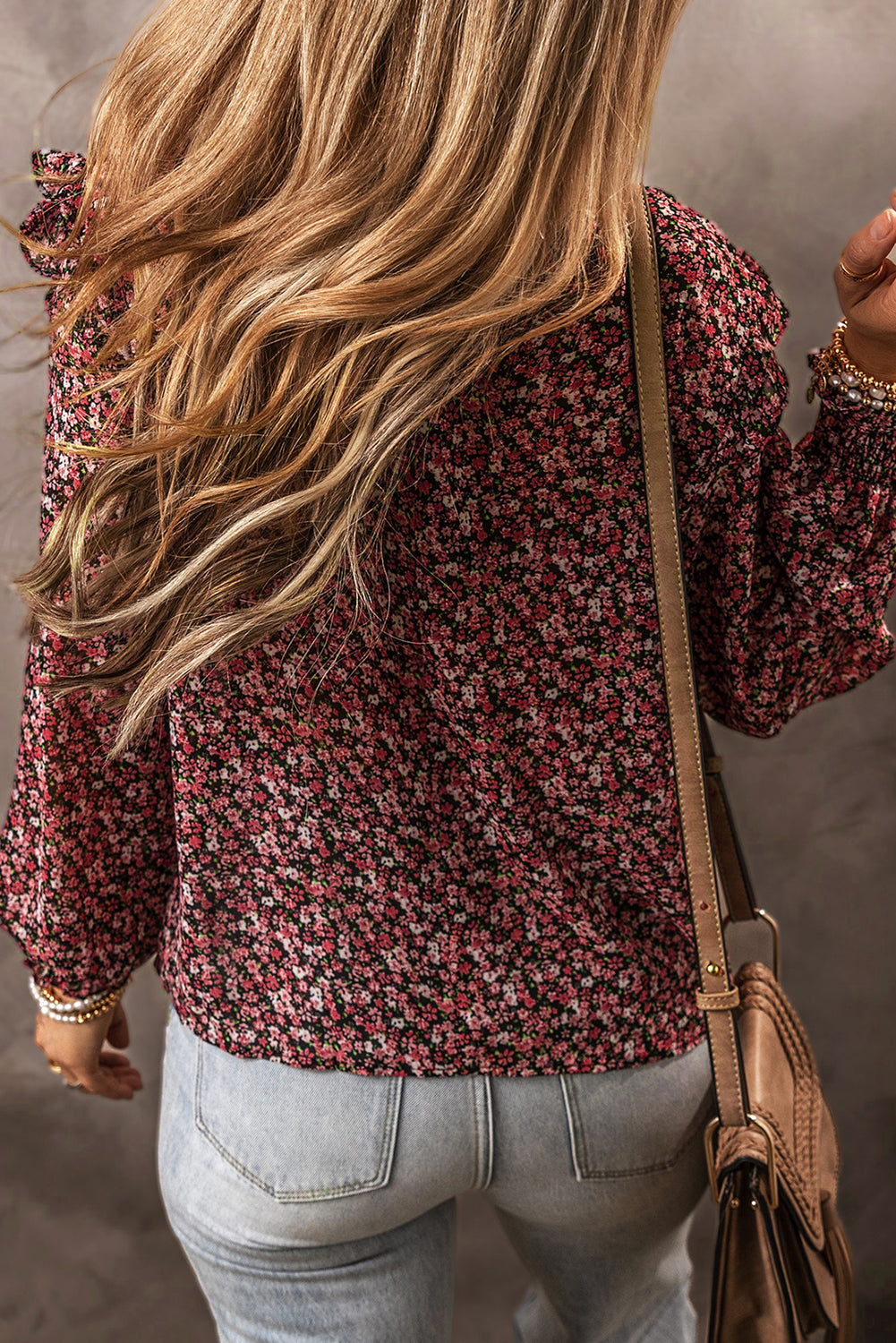 Fiery Red Ditsy Floral Smocked Ruffle Blouse