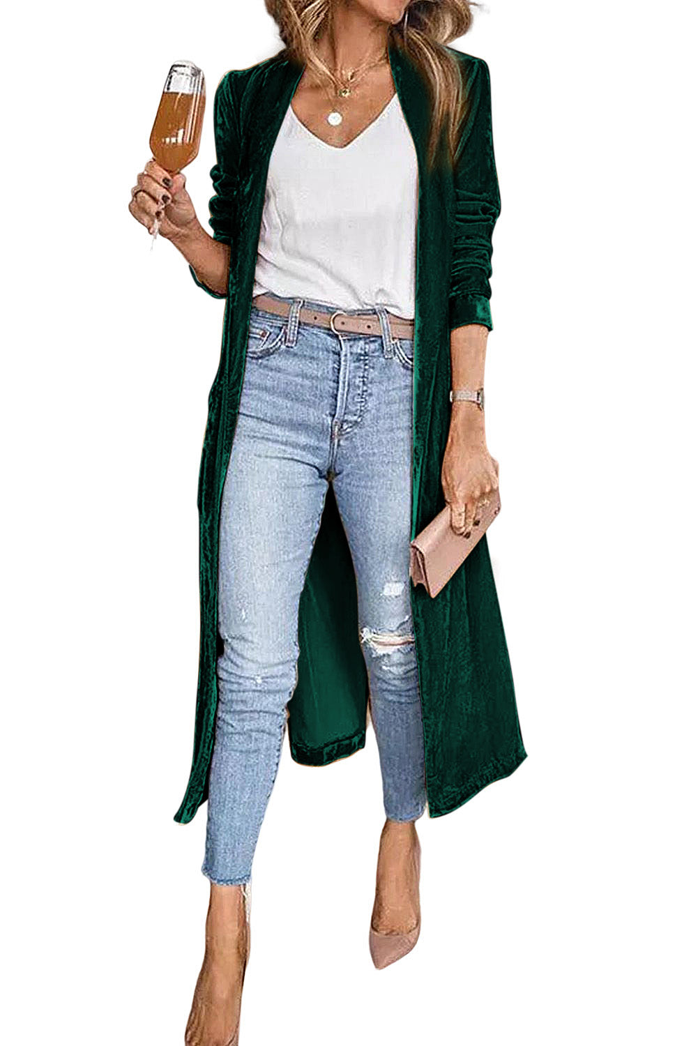 Green Velvet Elegant Pocket Open Front Long Duster