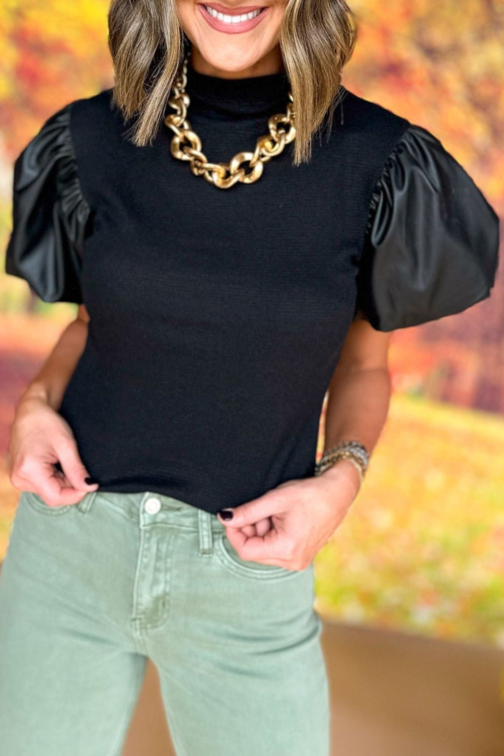 Black Mock Neck Faux Leather Puff Short Sleeve Top