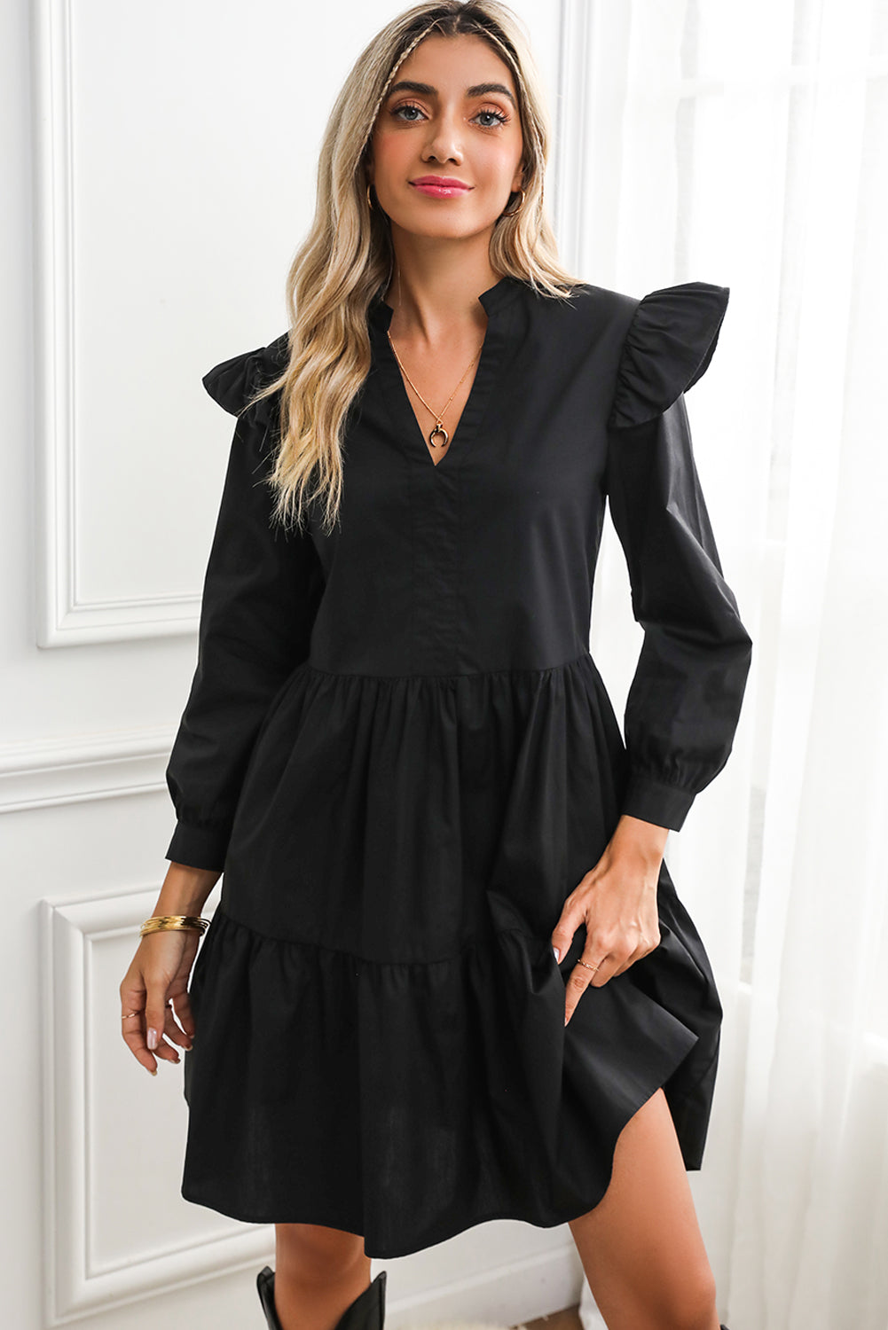 Black V Neck Ruffle Shoulder Tiered Mini Dress