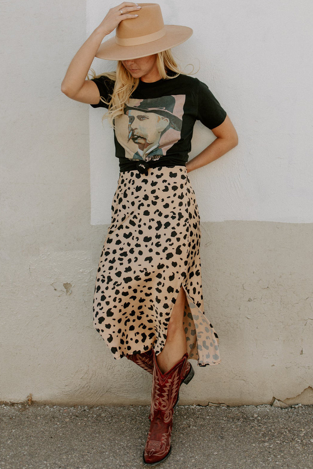 Leopard  Printed Split Hem Midi Skirt