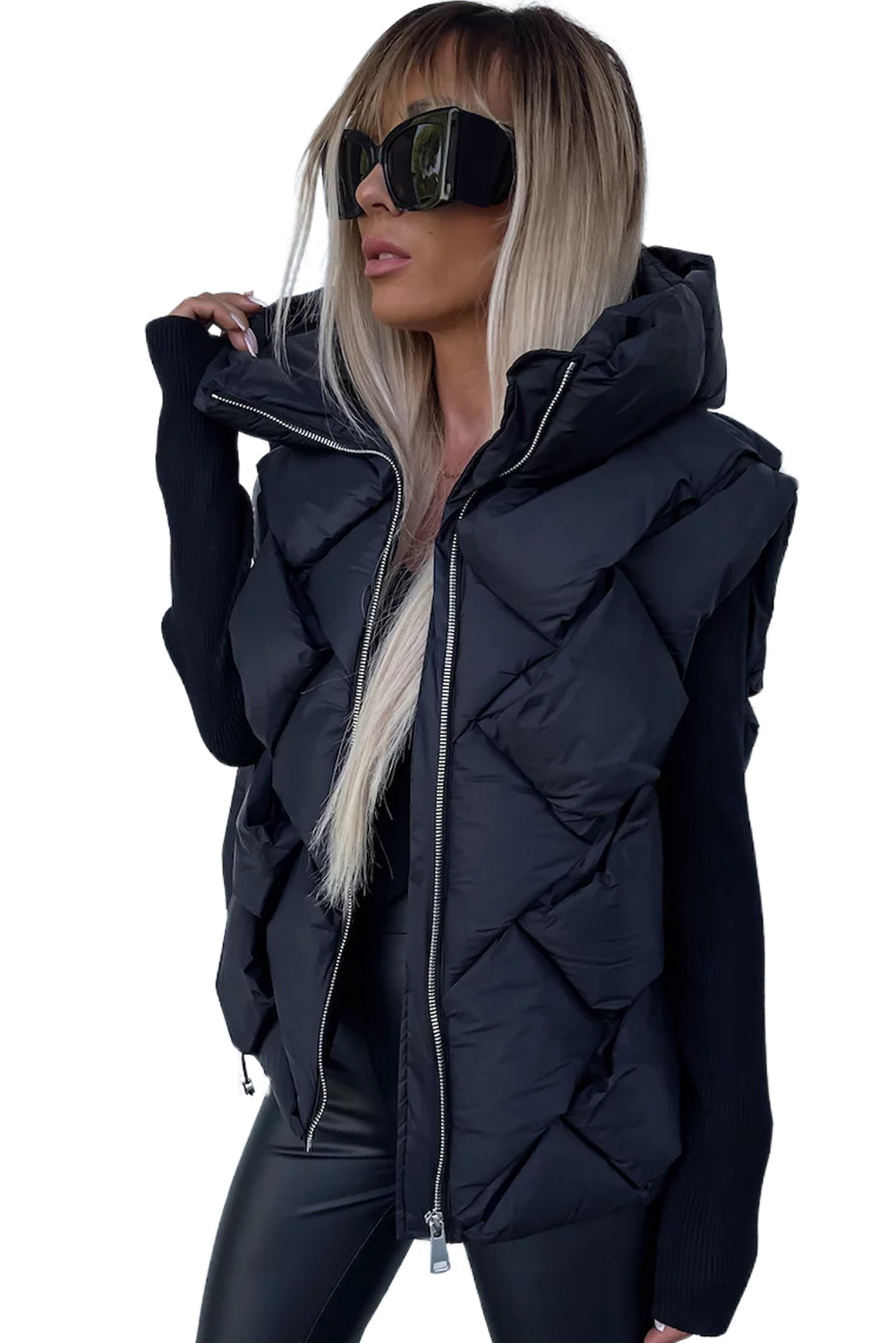 Black Quilted Zipper Front Hooded Vest