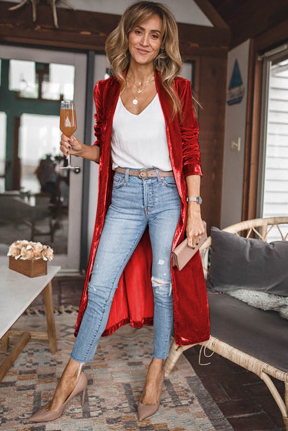 Red Velvet Elegant Pocket Open Front Long Duster