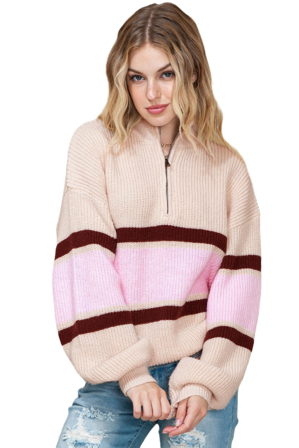 Apricot Stripes Print Quarter Zip Collared Knit Sweater