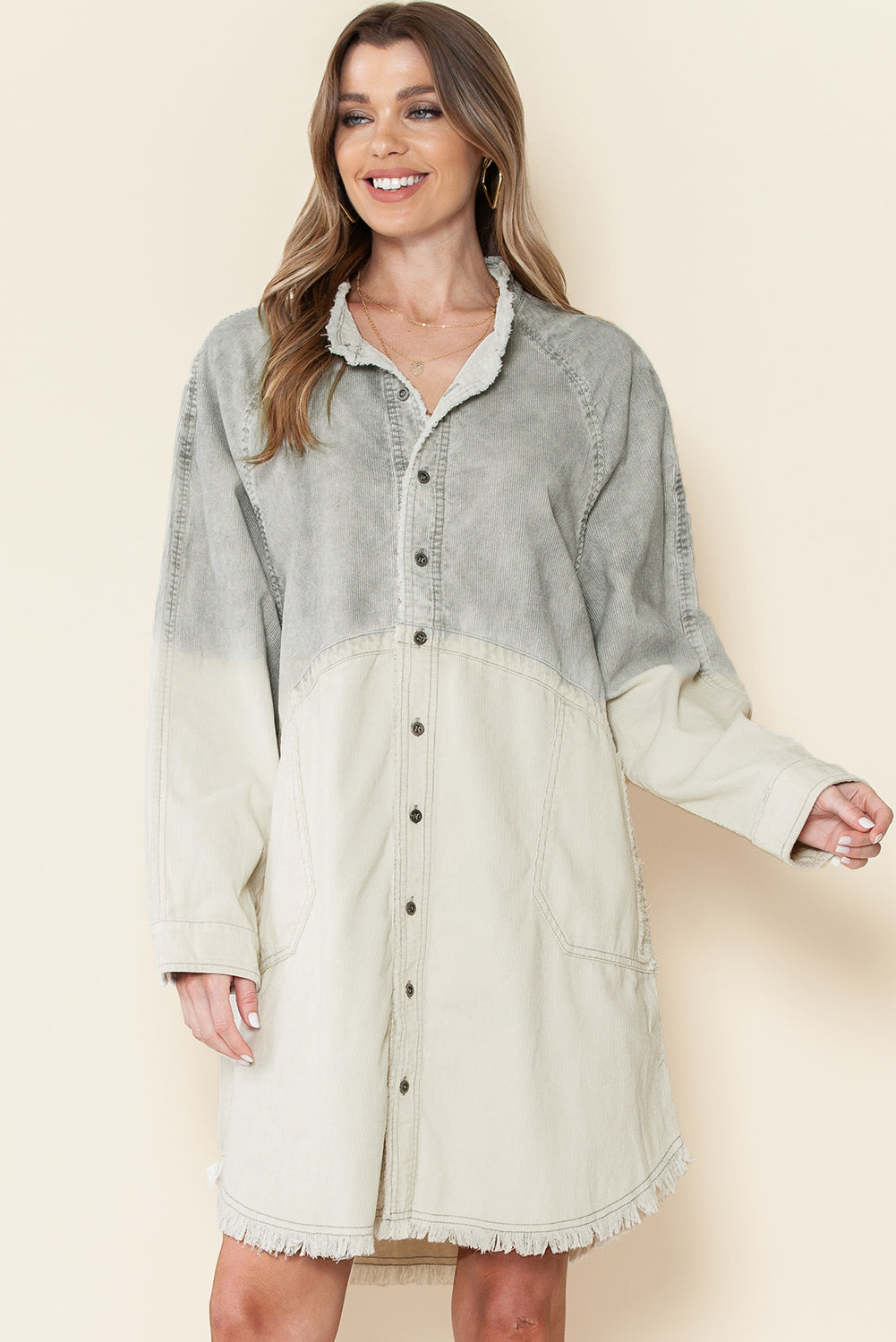 Gray Gradient Button Up Pockets Raw Trim Dress