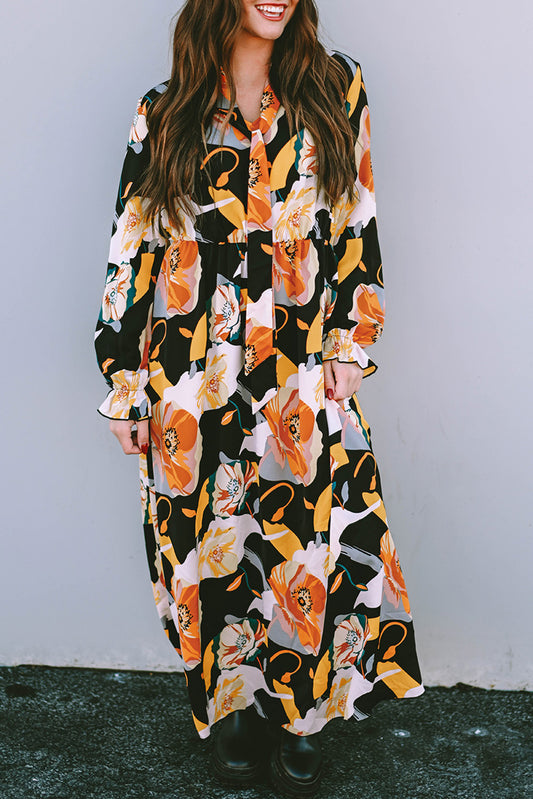 Orange Floral Print Tie Neck Long Sleeve Maxi Dress