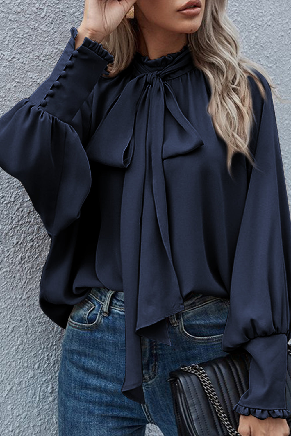 Navy Blue Satin Buttoned Cuffs Bishop Sleeve Tie Neck Blouse