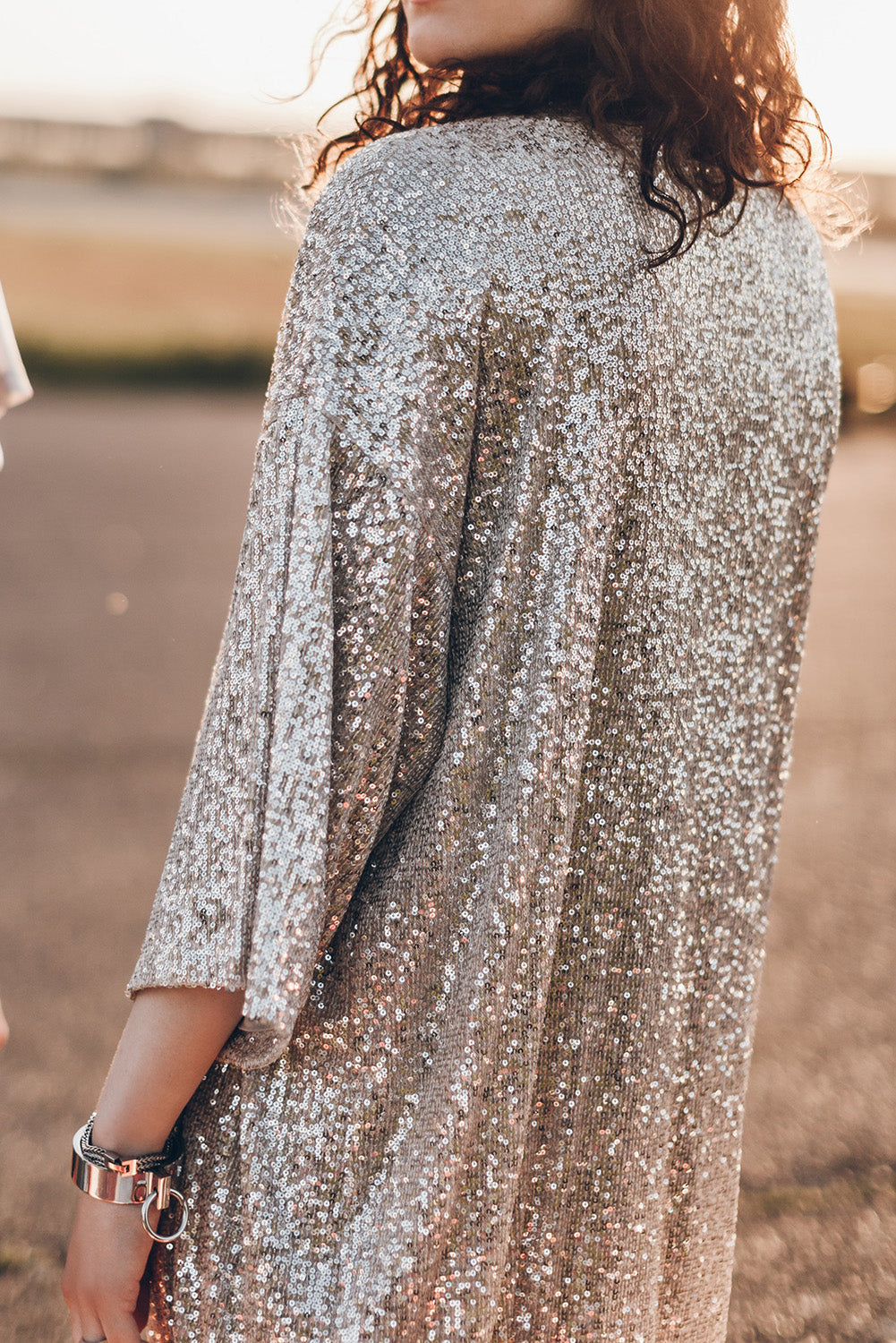 Apricot Sequin 3/4 Sleeve Open Front Duster