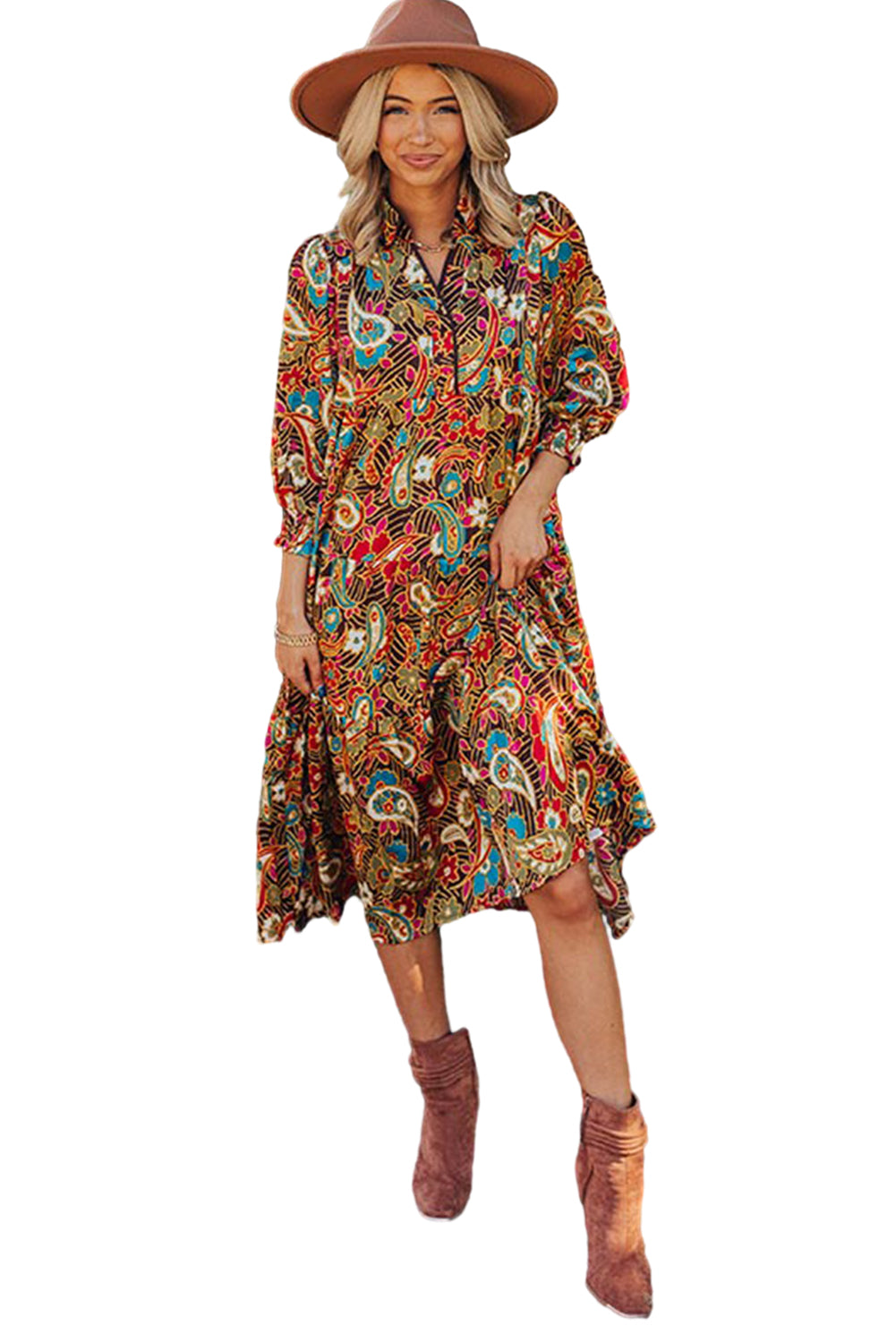 Yellow Paisley Abstract Print Collared 3/4 Sleeve Midi Dress