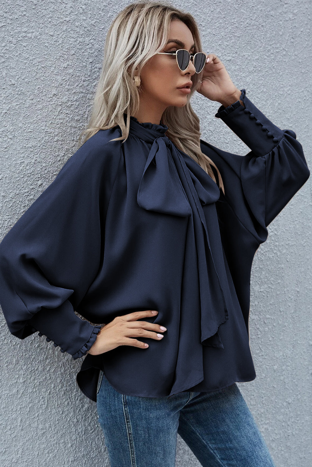 Navy Blue Satin Buttoned Cuffs Bishop Sleeve Tie Neck Blouse