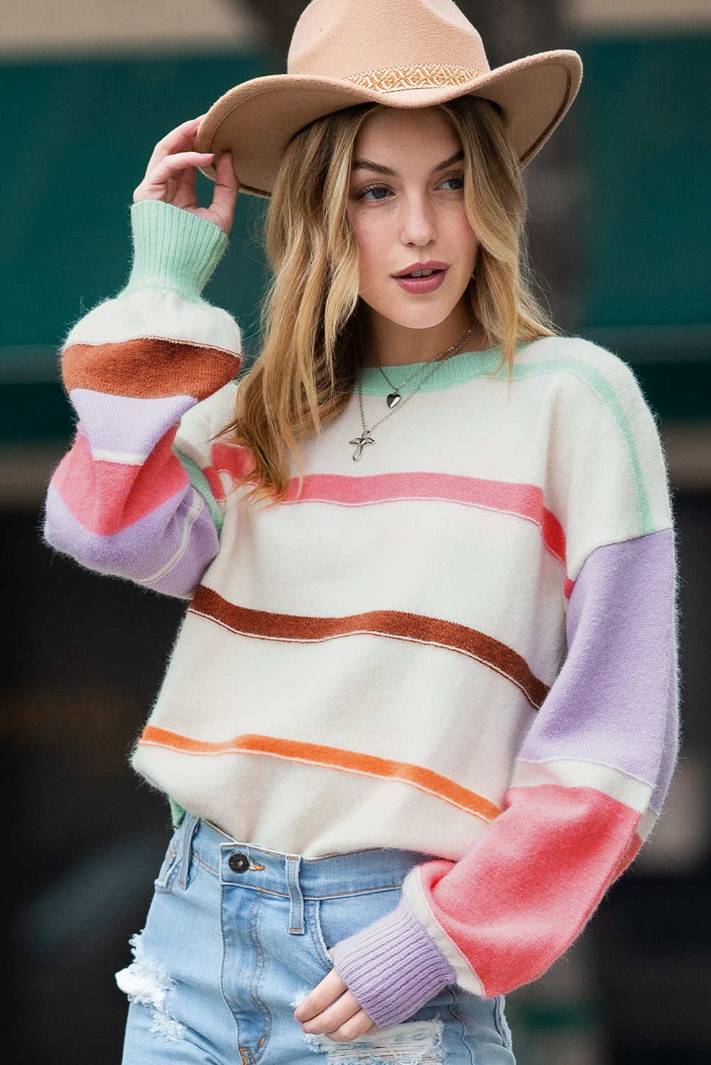 Multicolor Striped Print Drop Shoulder Pullover Crew Neck Sweater