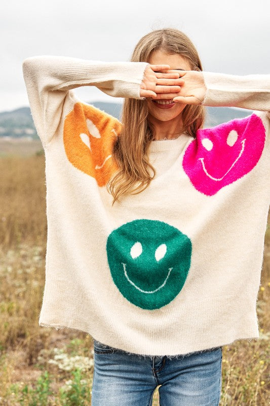 Smile Printed Long Sleeve Loose Fir Knit Sweater