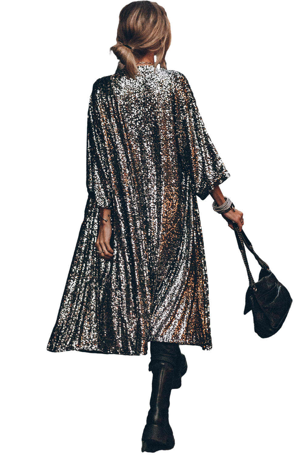 Silver Sequin Bracelet Sleeve Open Front Long Duster