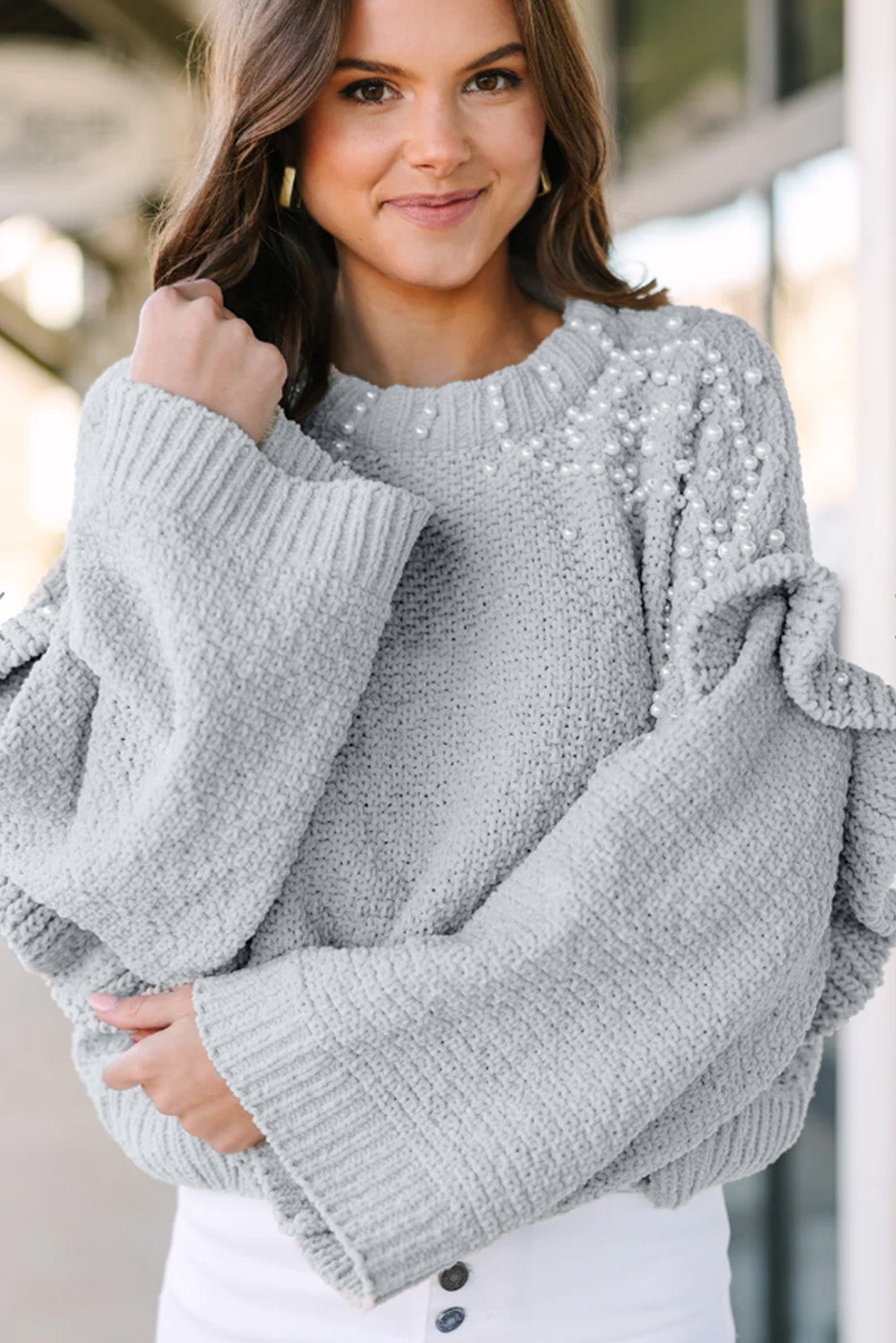 Grey Pearls Embellished Ruffle Trim Pullover Cropped Sweater