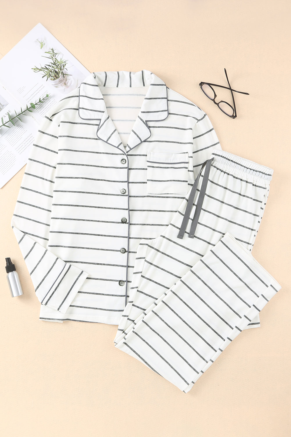 Striped Print Long Sleeve Pajamas Set