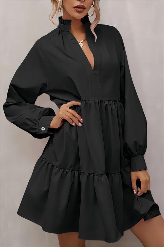 Black Elegant Stand V Neck Short Frill Dress: LBD