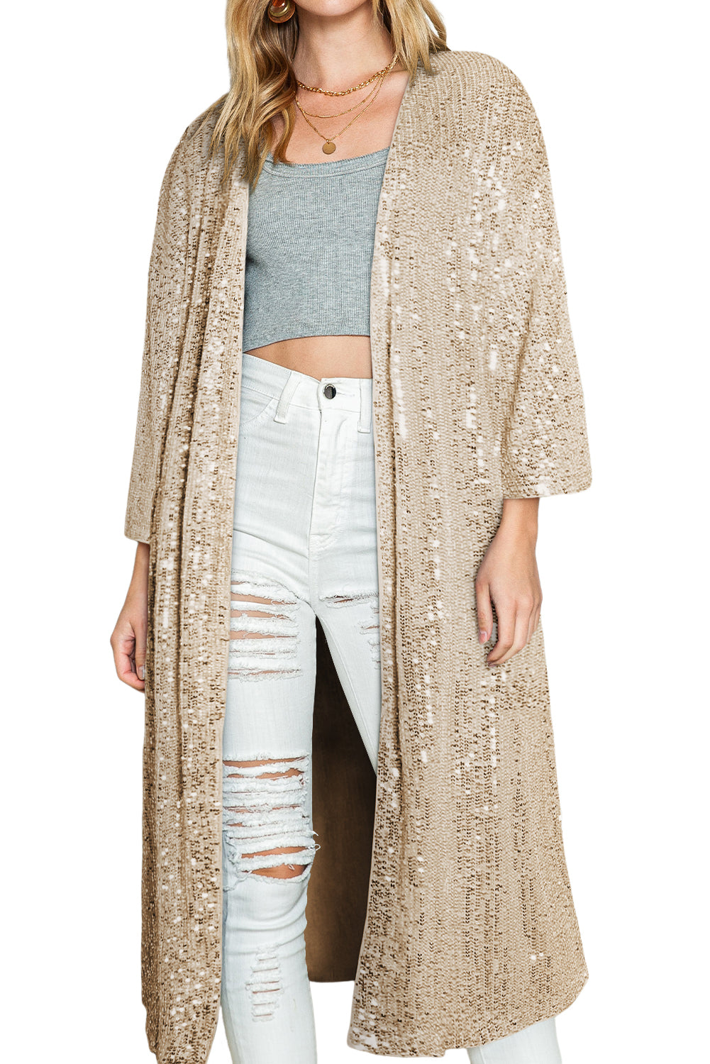 Apricot Sequin 3/4 Sleeve Open Front Duster